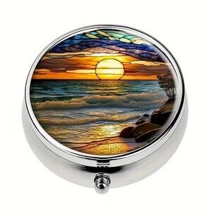 Coastal Beach Ocean Sunset Whimsical Multi-Use Mirrored Pill Box Container